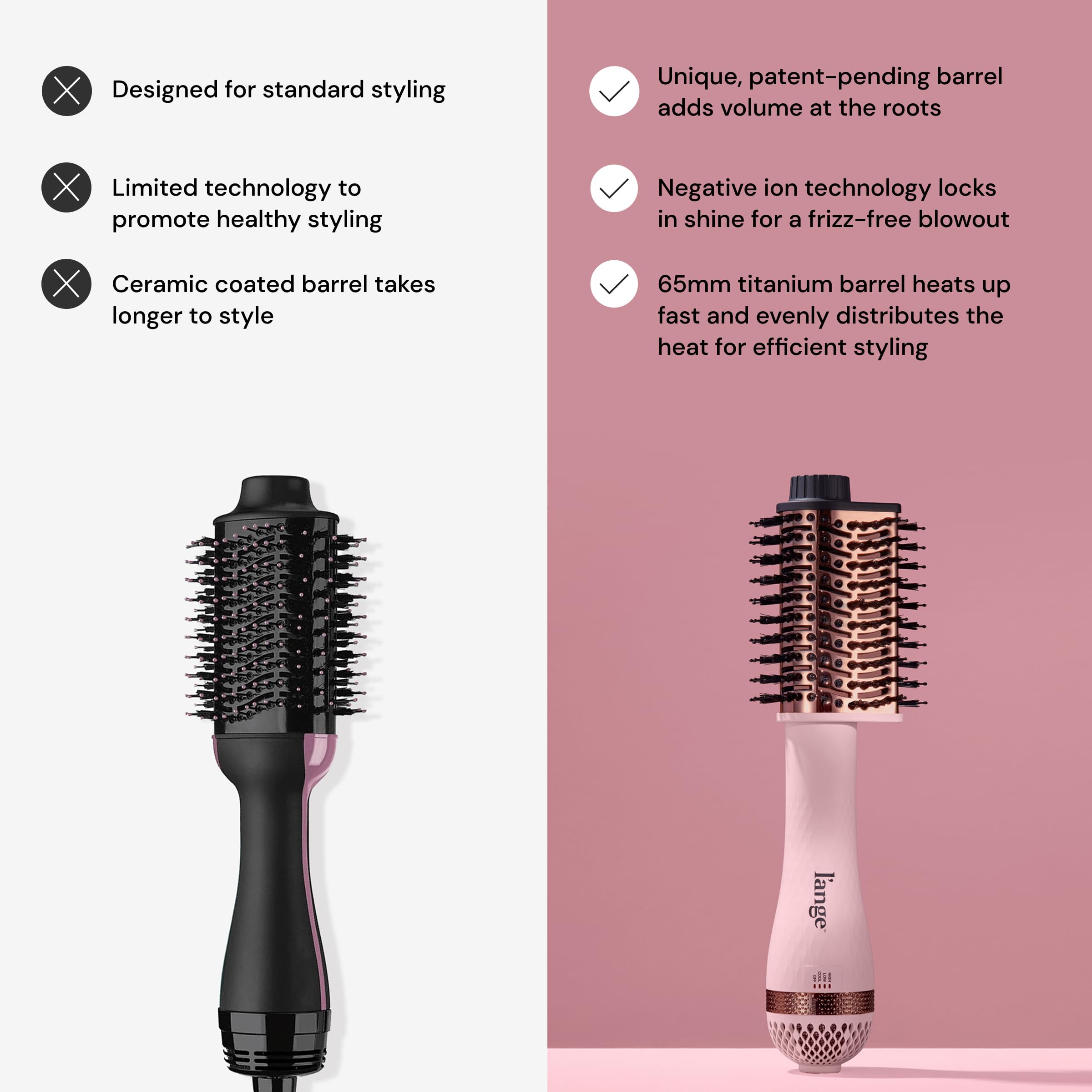L'ANGE Hair Le Volume Elevé 65MM 2-in-1 Titanium Brush Dryer | Dry and Style | Unique Teardrop Shape Barrel | 3 Heat Settings | 360° Vented Airflow | Ionic Technology for Frizz-Free Styling (Blush) - Image 4