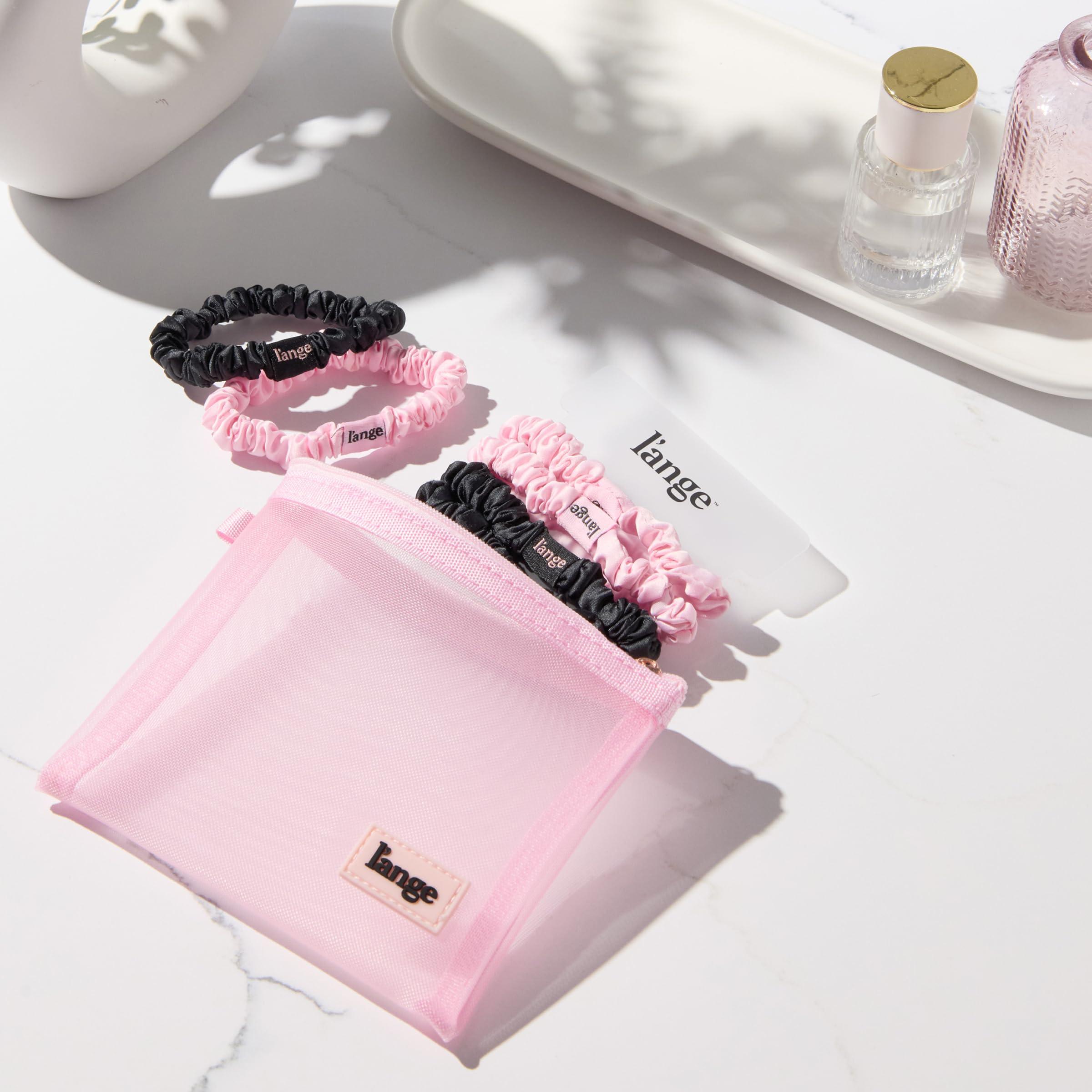 L'ANGE HAIR Small Satin Scrunchies for Women | Silk Hair Ties | Crease-Free, Stylish Hair Accessories | Soft Satin Hair Scrunchies For All Hair Types | 6-Piece Set | Black/Blush - Image 3